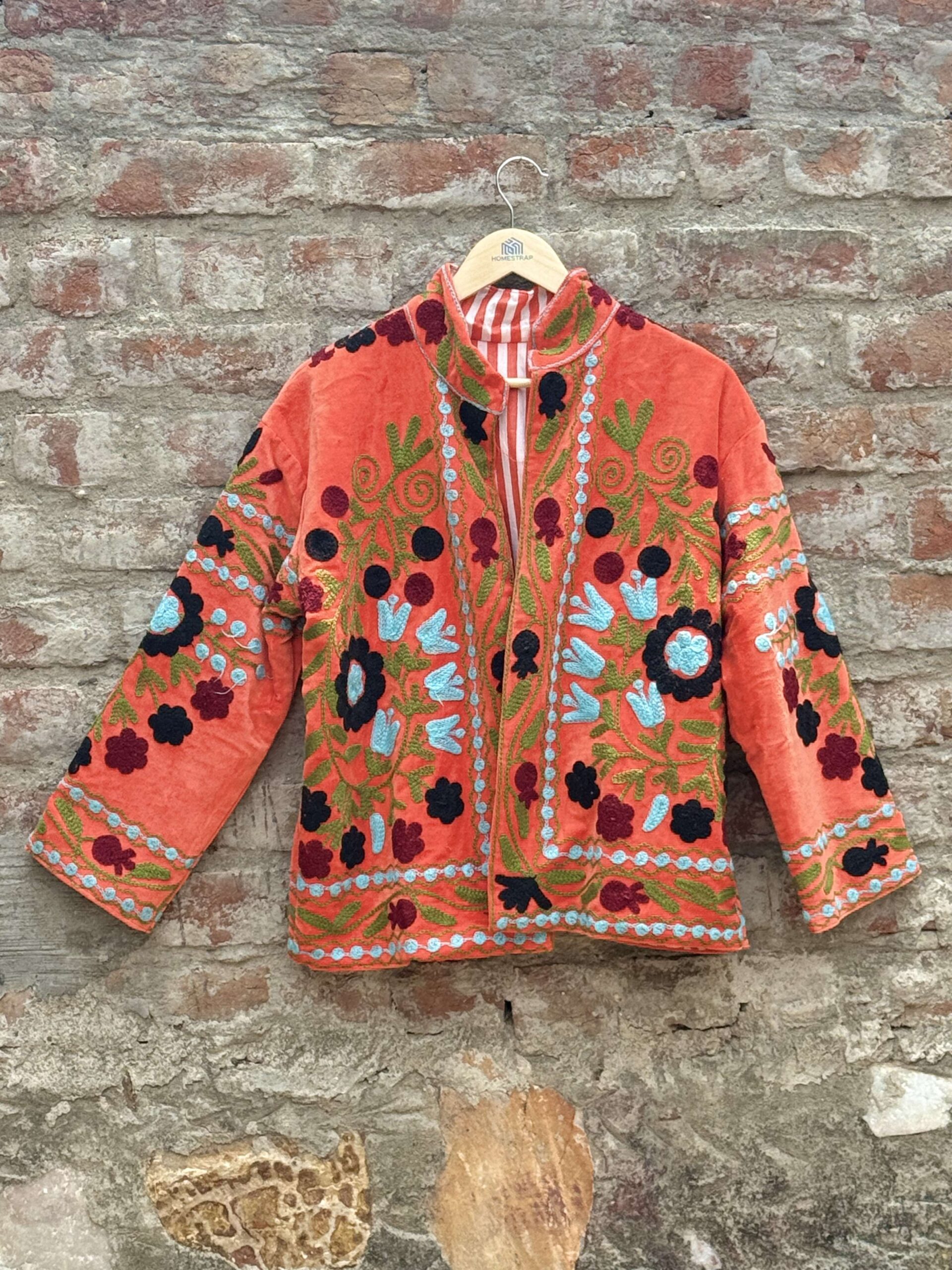 Womens Orange Velvet Embroidered Jacket with Floral Design - Image 7