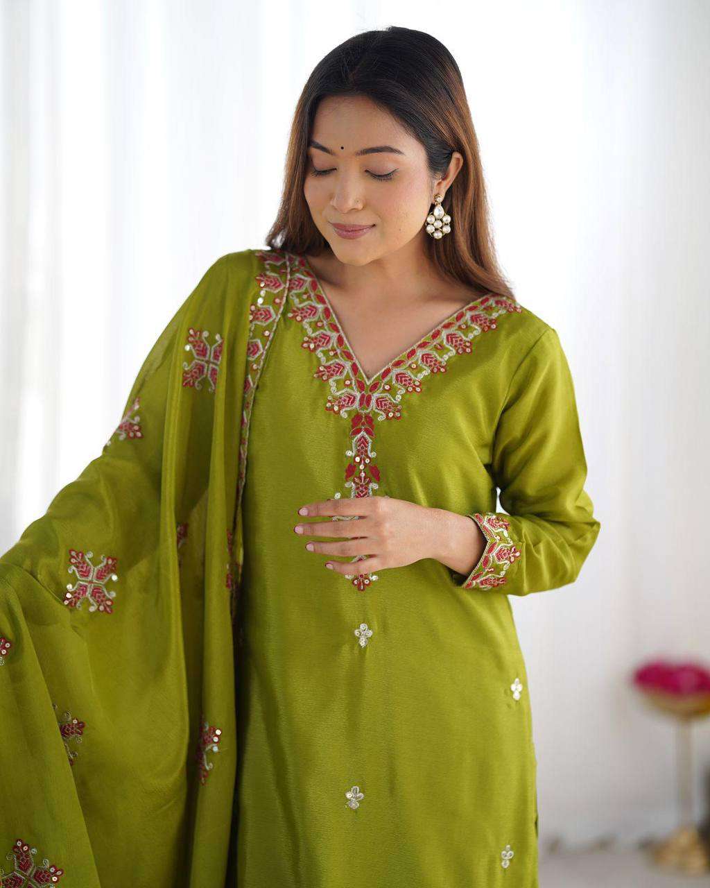 Women's Chinnon Silk Embroidery Sequence Work and Lace Work Straight Kurti With Pant and Dupatta