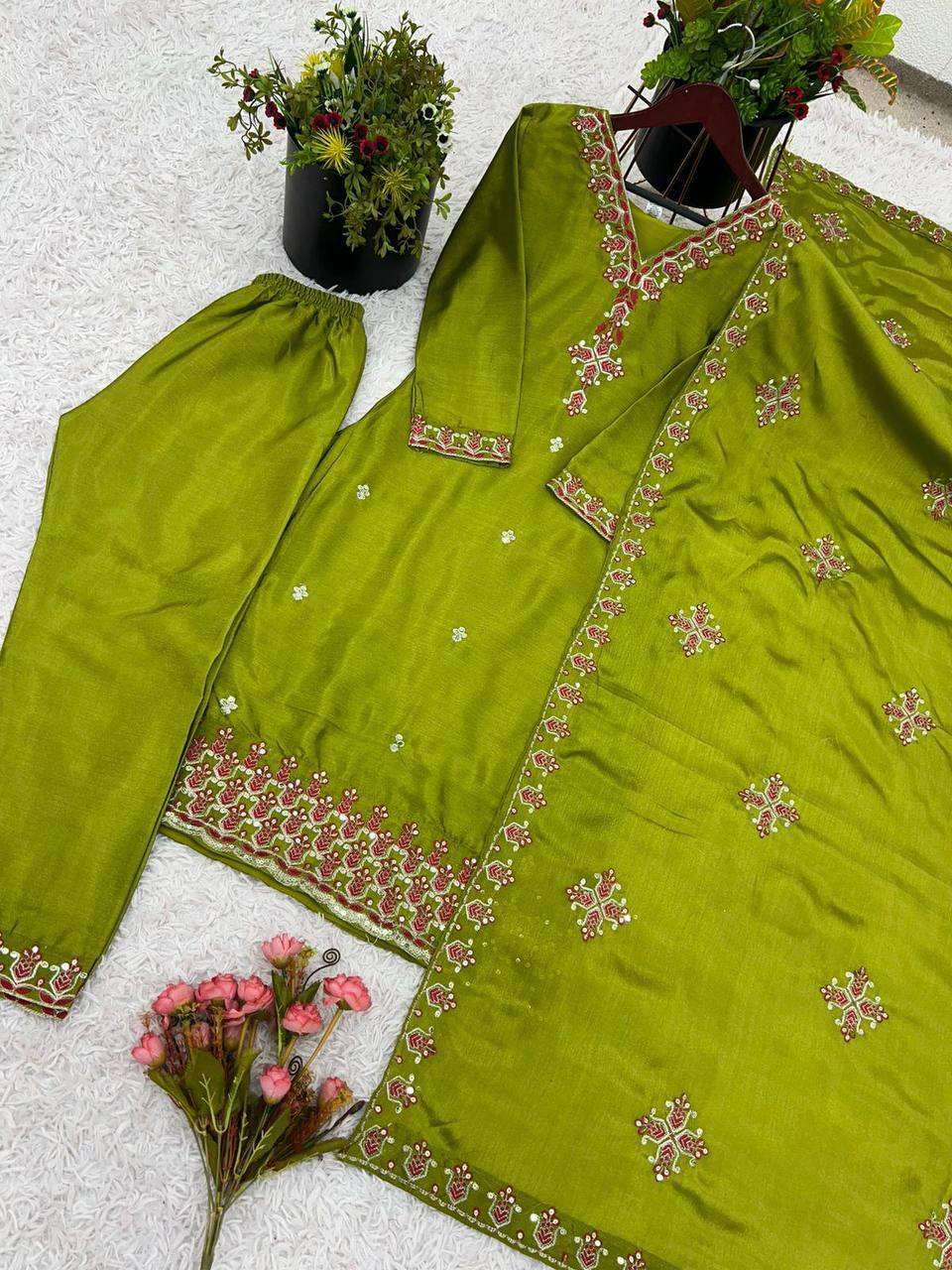 Women's Chinnon Silk Embroidery Sequence Work and Lace Work Straight Kurti With Pant and Dupatta - Image 7