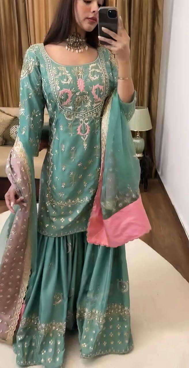 Women's Chinon Silk Heavy Embroidery Straight Kurta With Sharara and Dupatta set - Image 3