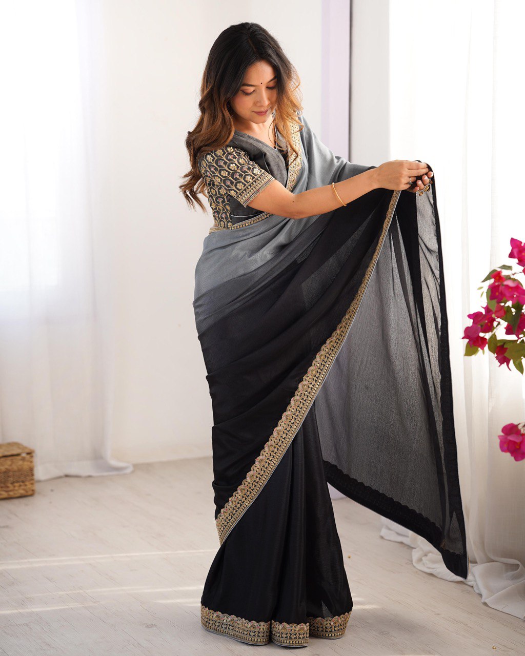 Women's Elegant Ombre Green Georgette Saree with Intricate Golden Zari & Stone Embellishments – Complete with Heavily Worked Blouse for Festive & Wedding Wear - Image 2