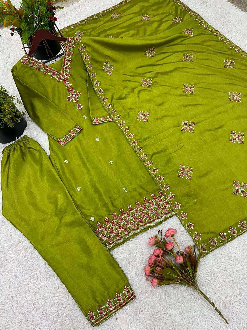 Women's Chinnon Silk Embroidery Sequence Work and Lace Work Straight Kurti With Pant and Dupatta - Image 8