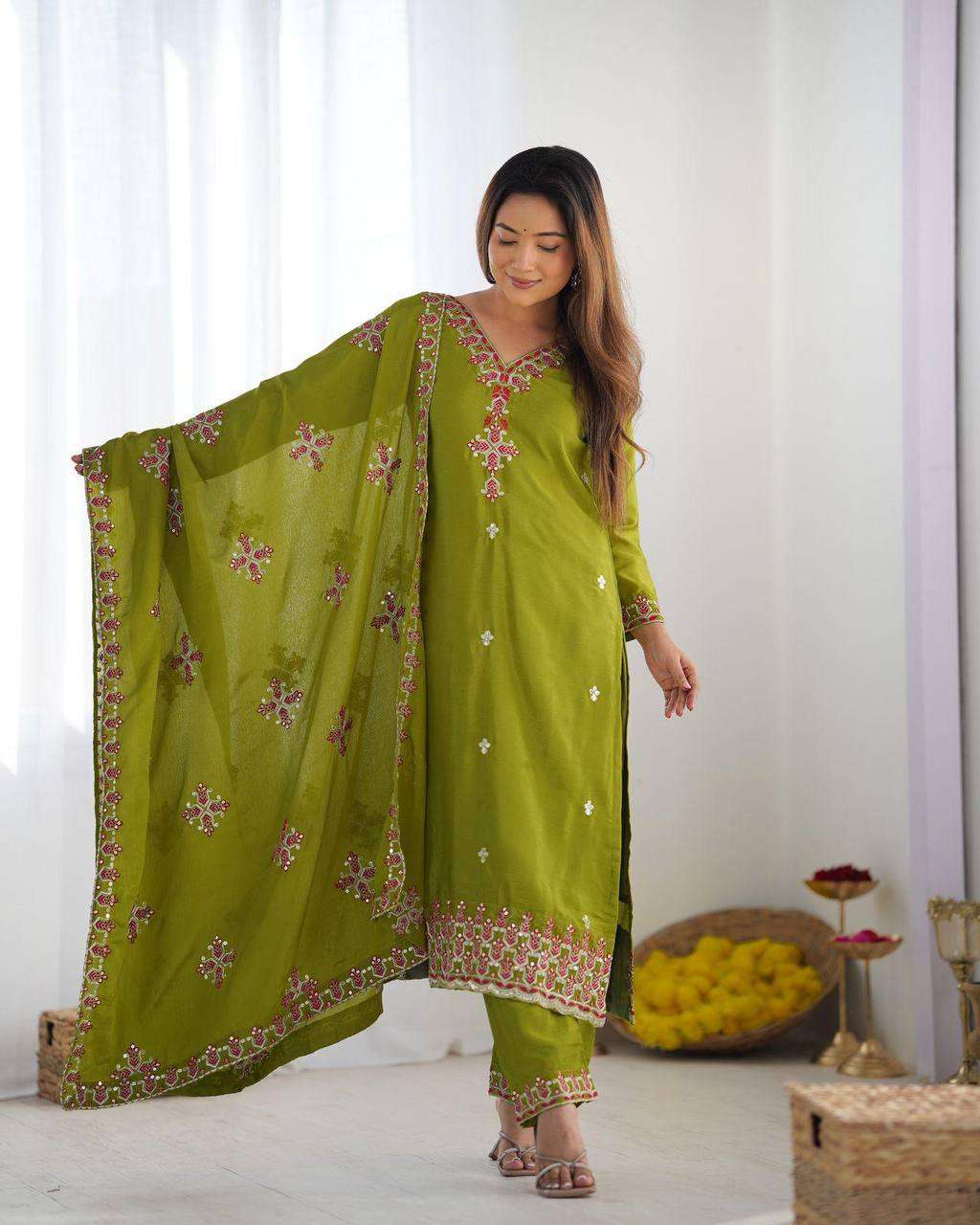 Women's Chinnon Silk Embroidery Sequence Work and Lace Work Straight Kurti With Pant and Dupatta - Image 5