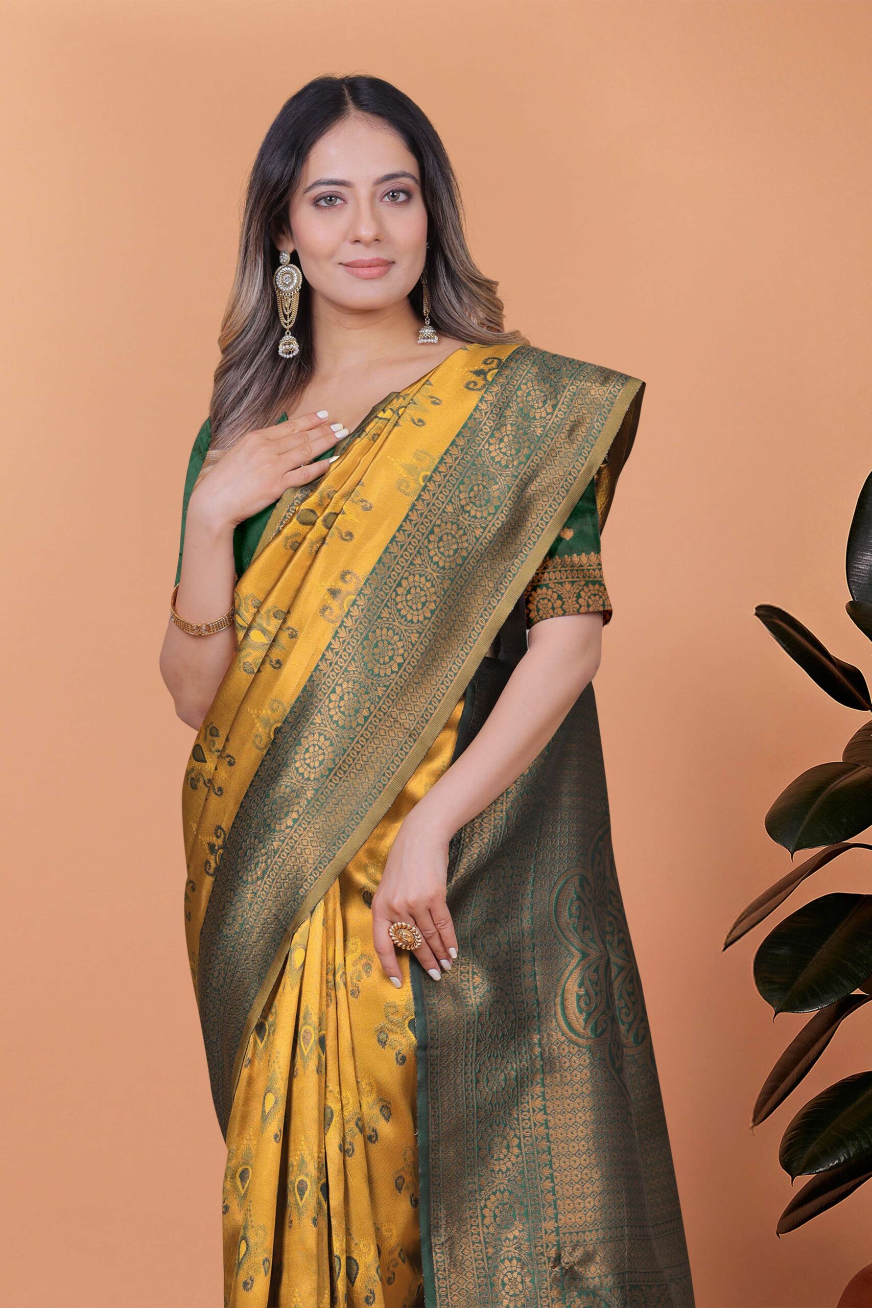 Regal Glow Mustard Yellow & Emerald Green Banarasi Silk Saree with Zari Work | Wedding, Festive & Temple Occasion Wear - Image 2